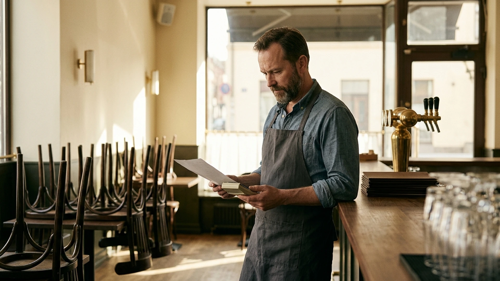 Restaurant owner reviewing a bank statement before opening