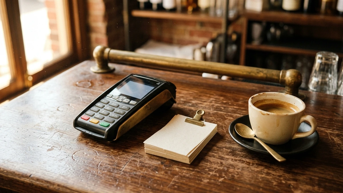 Card terminal and settlement slips on a restaurant bar