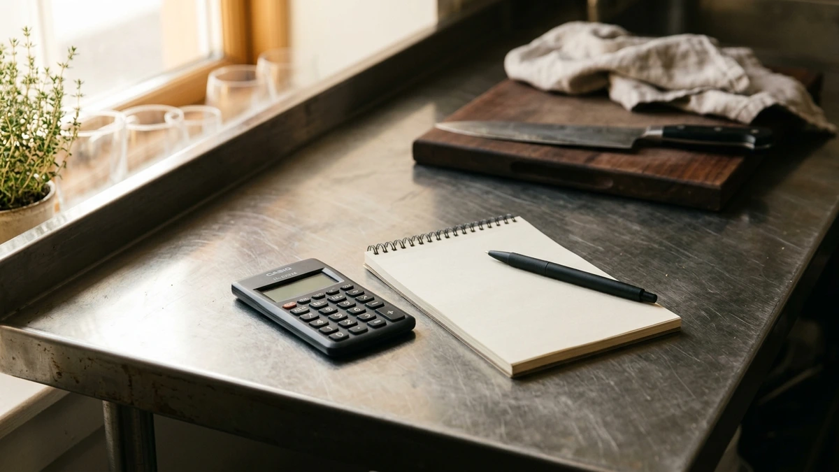 Calculator and notepad on a restaurant prep counter
