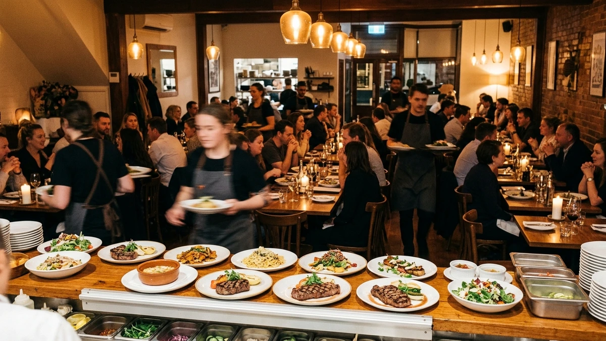 Busy independent restaurant dining room during service