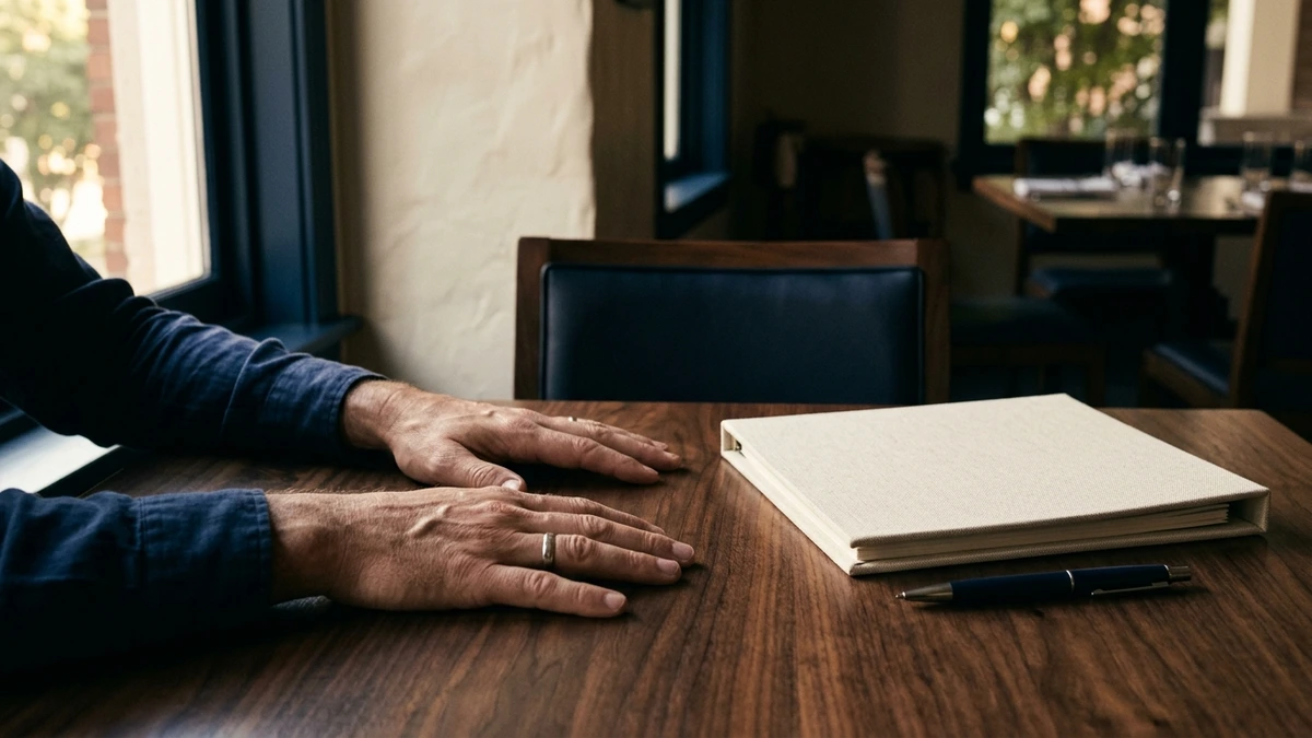 Restaurant owner's hands resting beside a closed contract folder