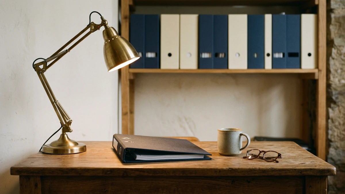 Restaurant back office desk with filed records under a lamp